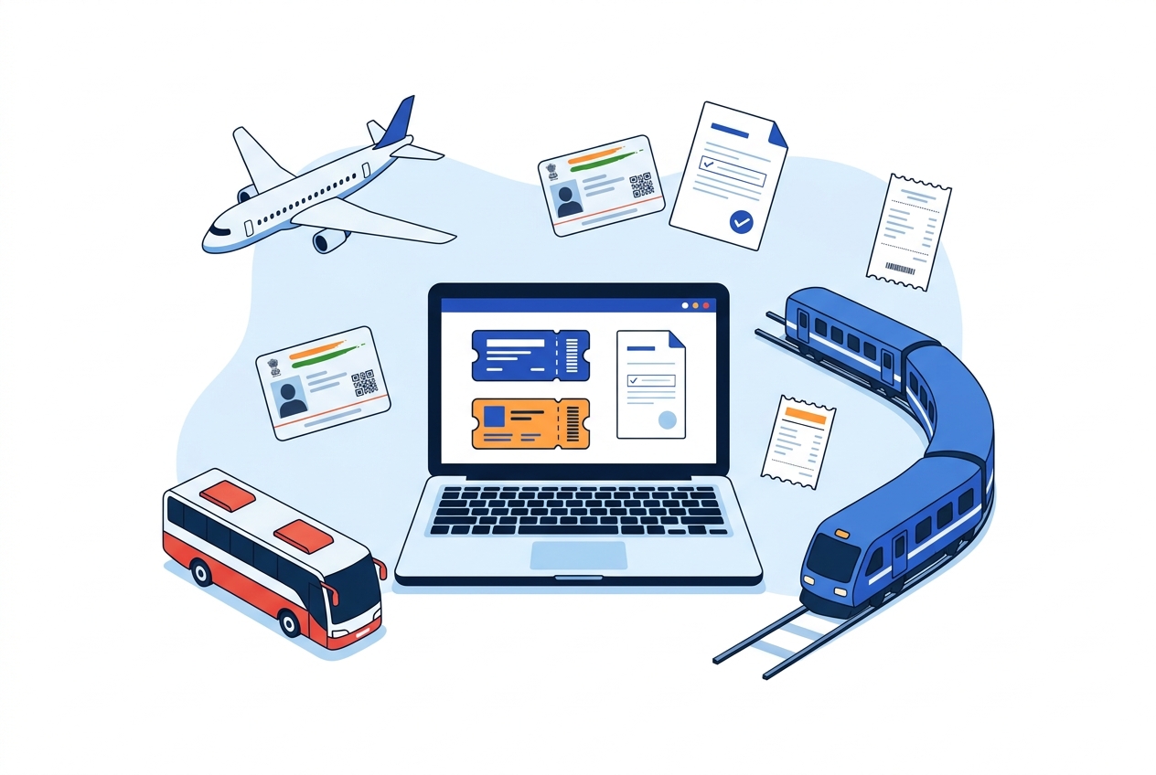 Illustration of train, airplane, bus, laptop and digital documents